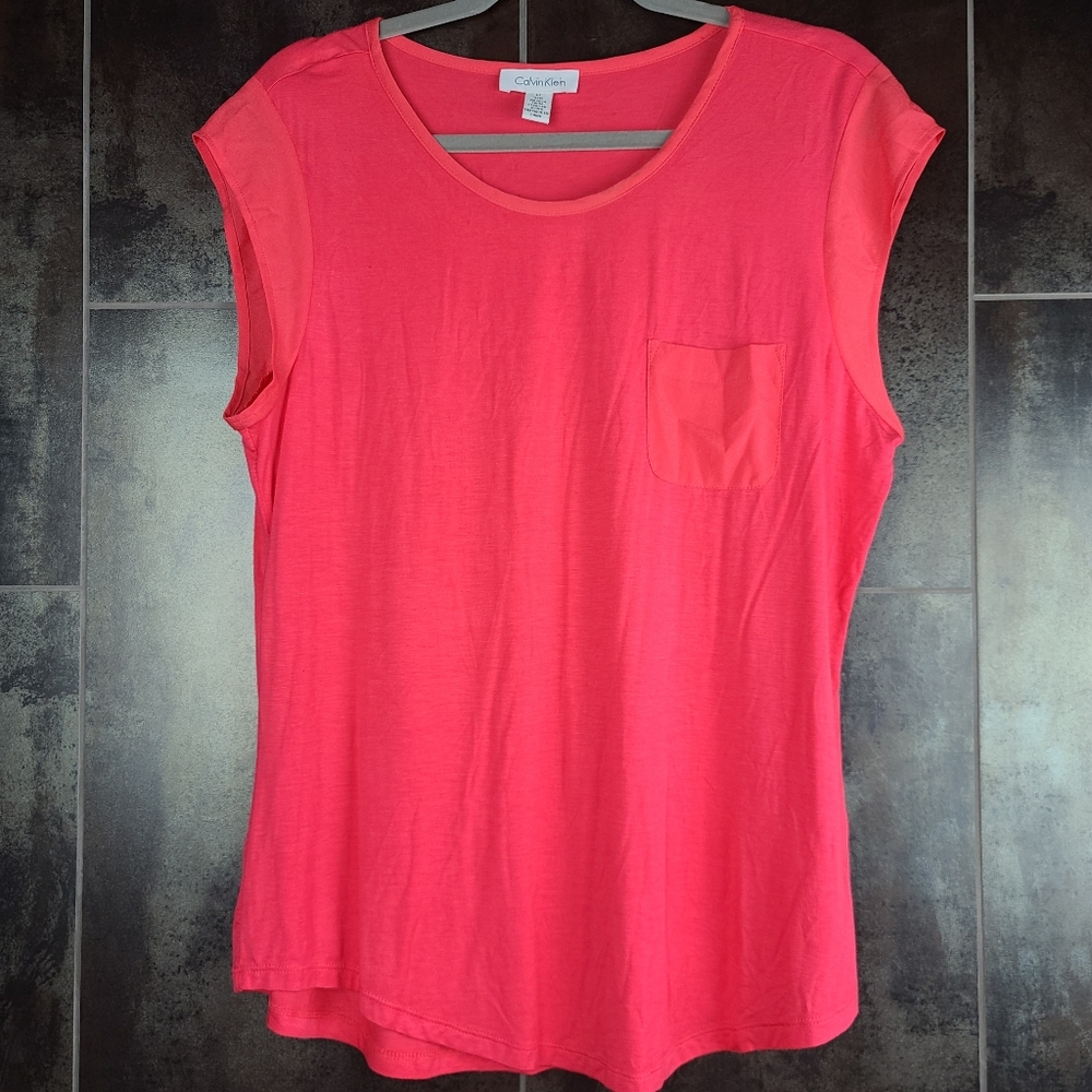 Calvin Klein Pink Melon Coral Mix Media Blouse L